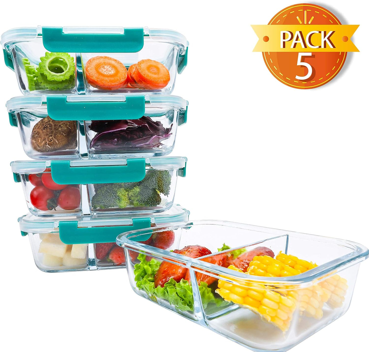 BlueHills Premium Glass Meal Prep Lunch Containers with Snap Green Lock Lids Glass Food Containers BPA-Free Oven Freezer Dishwasher Safe 5 pack set 10 pieces 36 Oz 4.5 cups (G002 Two Compartments)
