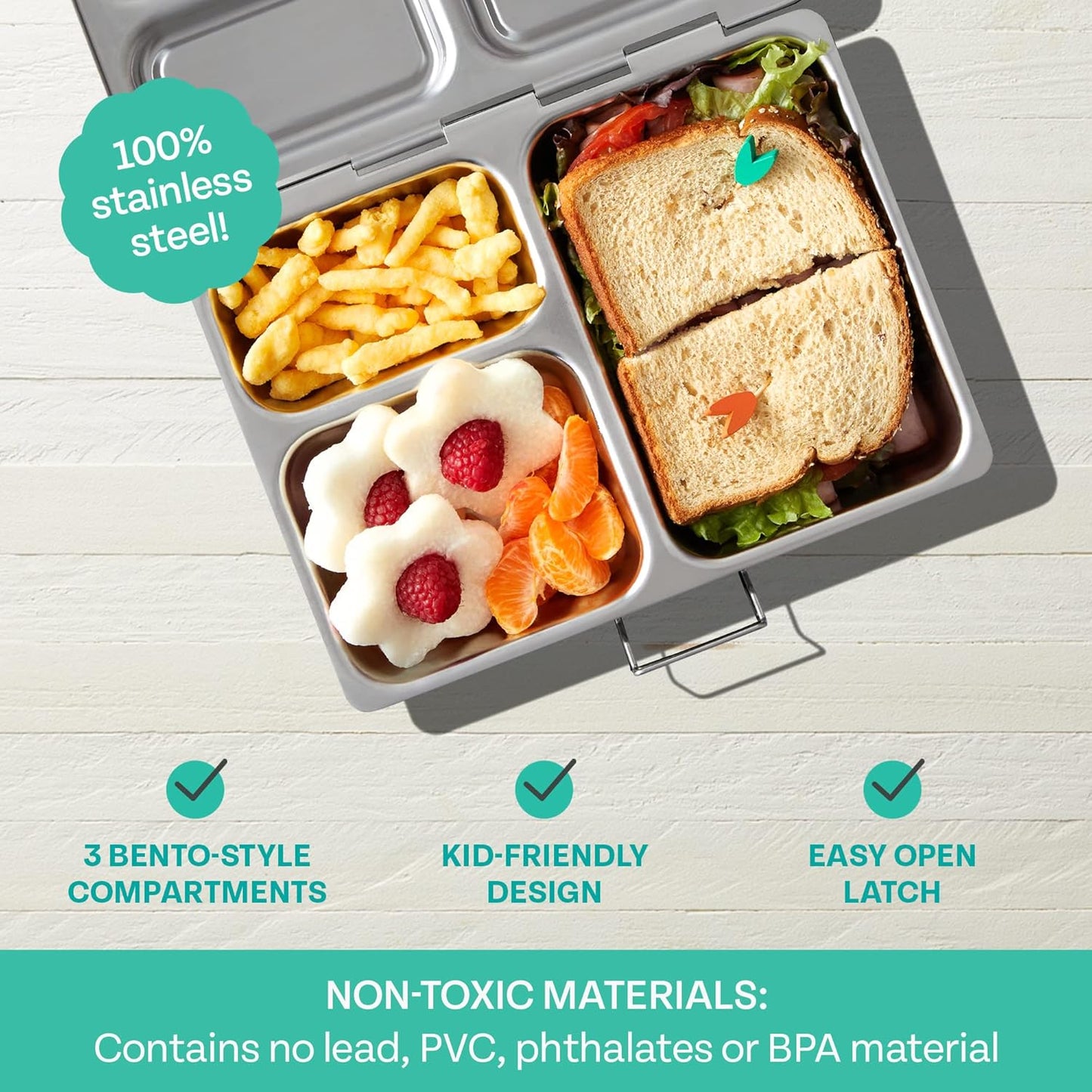 PlanetBox Rover Stainless Steel Bento Box Style Lunch Box for Kids with 5 Compartments – Durable, Dishwasher Safe and BPA-Free Food Container