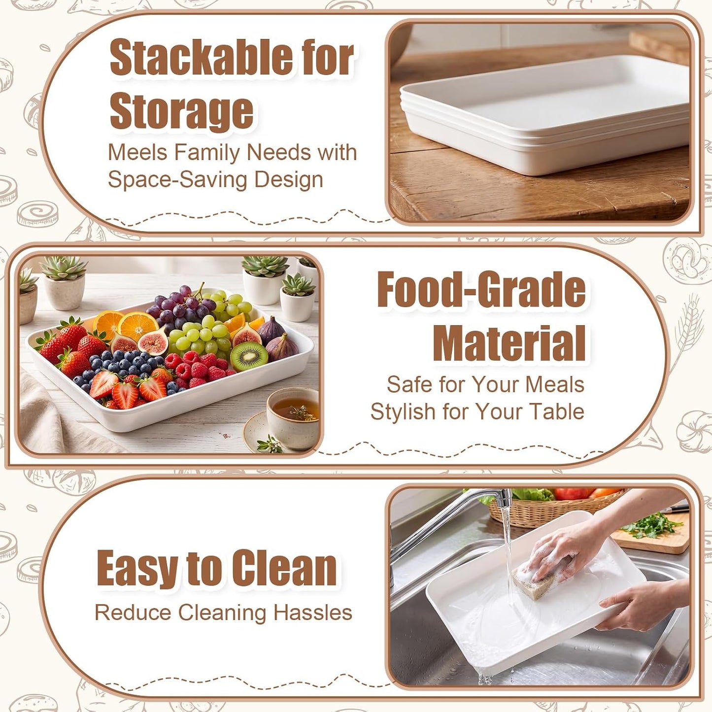 6 Pcs Large Serving Tray and Platters for Party, 15" White Plastic Food Display Trays for Cookies Desserts Appetizers, Reusable Rectangular Hosting Essentials for Buffet Catering