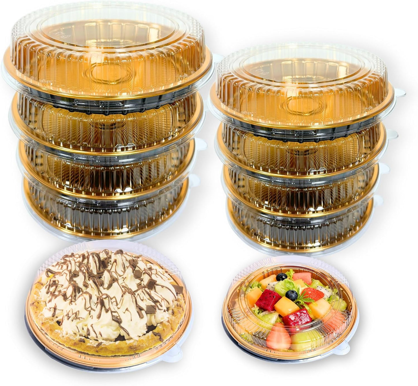 Disposable Pie Carrier with Clear Lid, 9.8 Inch Gold Plastic Serving Tray, Round Pies Holder for Pizza Dessert Salad Fruit Baking Meal Prep, 8 Pack