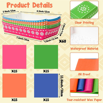 Mexican Taco Nights Food Trays - 120P Mexican Wax Paper Deli Trays Nacho Popcorn Grease Proof Container Unassembled Disposable Carnival Party Supplies Concession Stand Food Containers