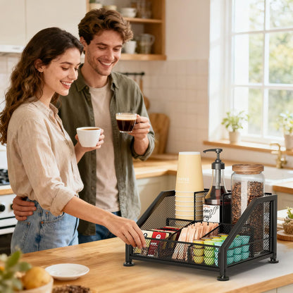 SWTYMIKI Coffee Bar Organizer for Countertop – Space-Saving Kcup Organizer with Tiered Shelves, Countertop Coffee Station for Pods, Sugar, Syrup, Cups, Stirrers, Mesh Condiment Storage