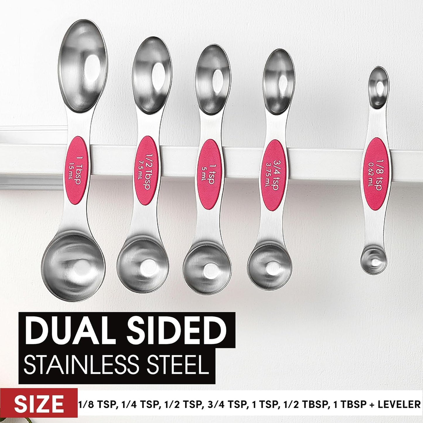 Spring Chef Stainless Steel Magnetic Measuring Spoons Set with Strong N45 Magnets, Heavy Duty Metal Kitchen Gadgets for Baking & Cooking, Fits in Most Kitchen Spice Jars, Set of 8 with Leveler, Black