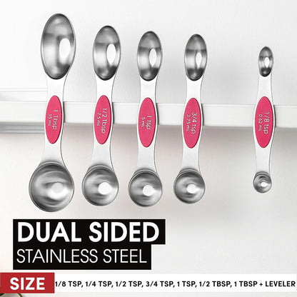 Spring Chef Stainless Steel Magnetic Measuring Spoons Set with Strong N45 Magnets, Heavy Duty Metal Kitchen Gadgets for Baking & Cooking, Fits in Most Kitchen Spice Jars, Set of 8 with Leveler, Black