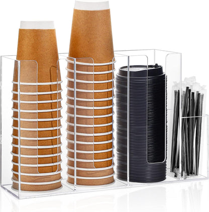 Cunhill 4 Compartments Acrylic Coffee Cup and Lid Storage Organizer Holder Disposable Paper Cup Dispenser Organizer Plastic Lid Holder Accessories for Kitchen Bar Shop Party Supplies(Transparent)
