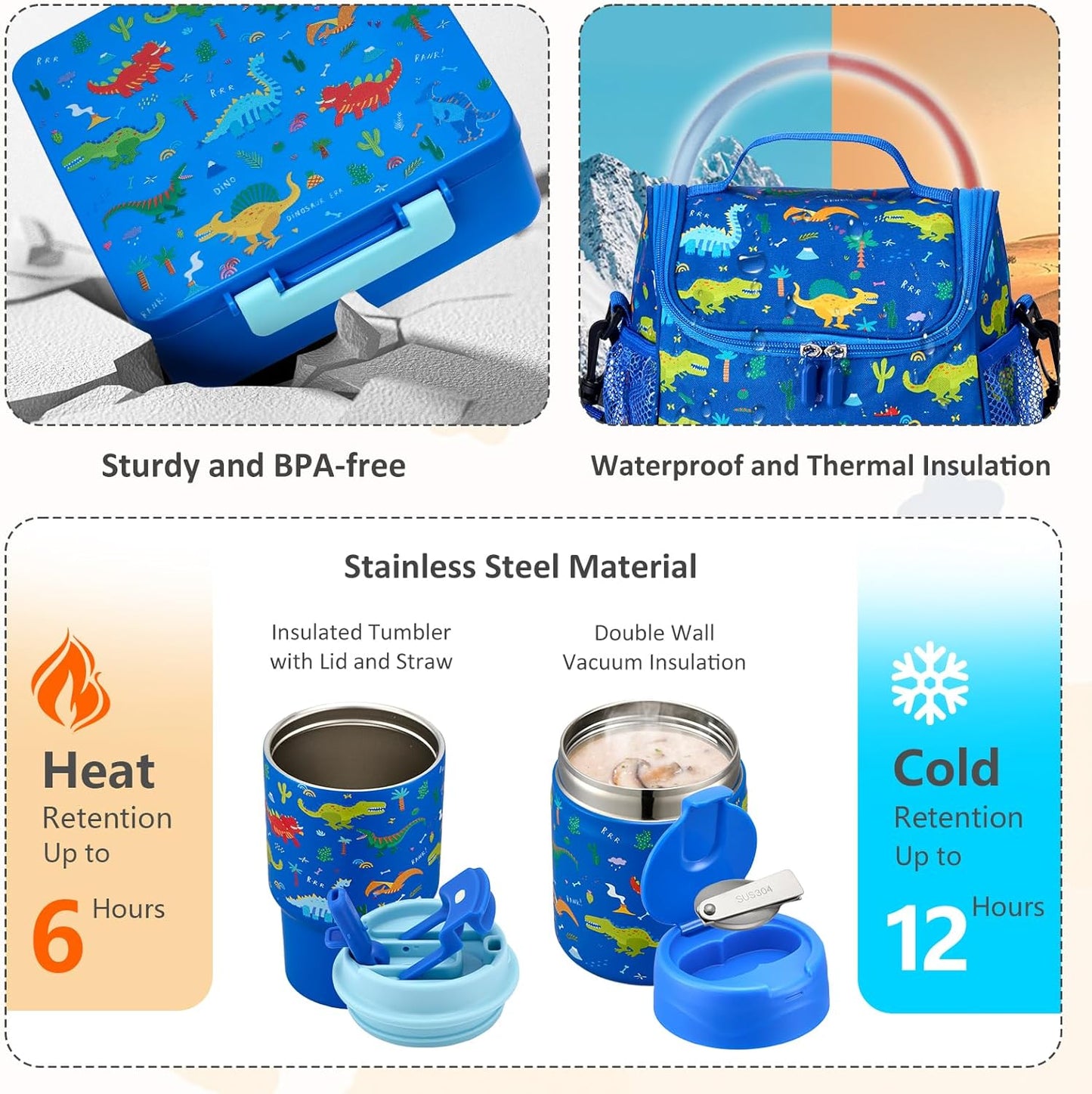 Pawtong Lunch Box Set with Bento Box Container, 17OZ Stainless Steel Food Soup Thermo, Kids Water Bottle & Portable Insulated Lunch Bag, Leakproof, Hot/Cold Retention for School, Travel (Purple-Horse)