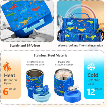 Pawtong Lunch Box Set with Bento Box Container, 17OZ Stainless Steel Food Soup Thermo, Kids Water Bottle & Portable Insulated Lunch Bag, Leakproof, Hot/Cold Retention for School, Travel (Purple-Horse)