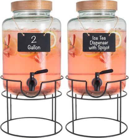 Ilyapa Glass Drink Dispensers for Parties with Stand - 2 Pack, 2 Gallon Double Beverage Dispenser with Wood Tops & Black Stainless Spigots