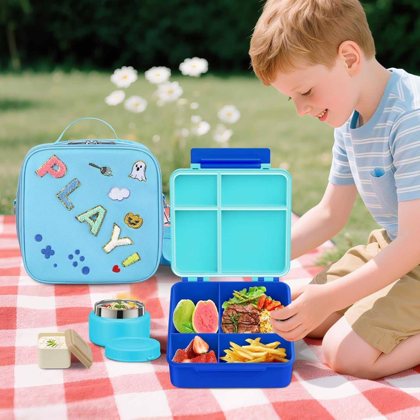 Kids Bento Lunch Box with Thermo, Include 9oz Soup Thermo, Kids Leakproof Lunch Box with 4 Compartment, Insulated Lunch Bag for Girls Boys to School Travel