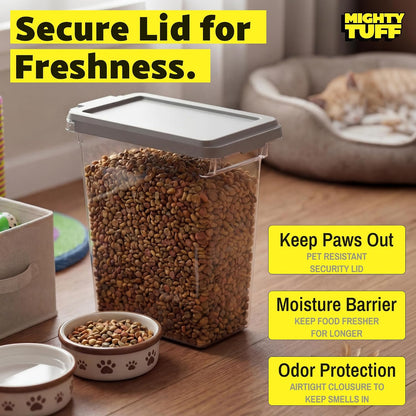 Mighty Tuff 20 lb Dog Food Container, Cat Food Storage Bin Airtight with Stainless Steel Latch, Clear Plastic Pet Container with Lid for Kitchen Pantry Organization