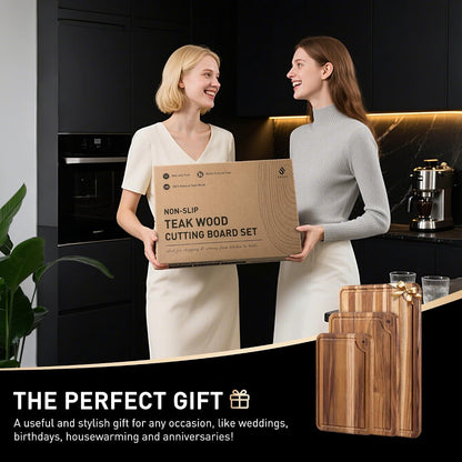 4 Pack Teak Wood Cutting Board Set for Kitchen Heavy Duty Non Toxic Non Slip Solid Thick Wood Haus Chopping Board Extra Large Big Small Meat Best Essential House Warming Hostess Host Gift
