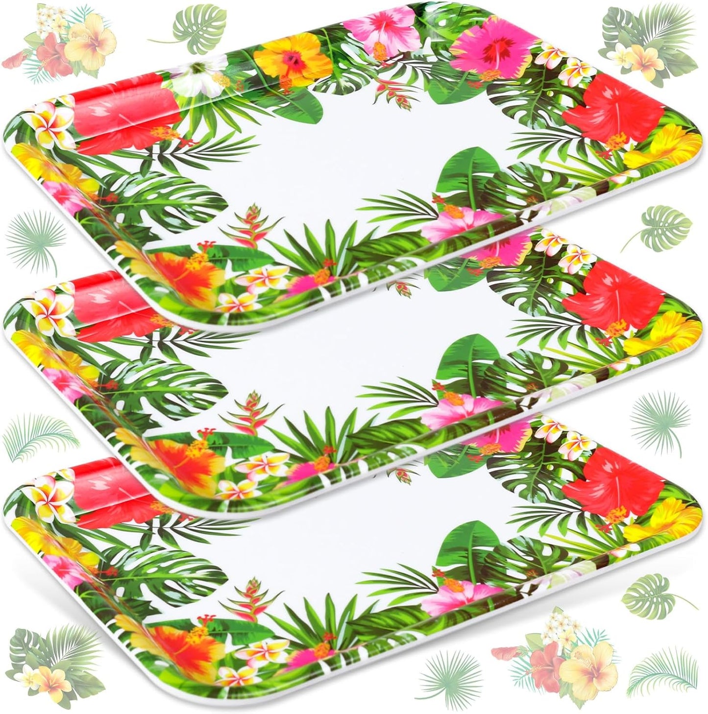 JarThenaAMCS 3Pcs Summer Tropical Luau Serving Trays Reusable Serving Dishes Watercolor Hawaiian Hibiscus Floral Monstera Melamine Platter for Pool Beach Aloha Birthday Party