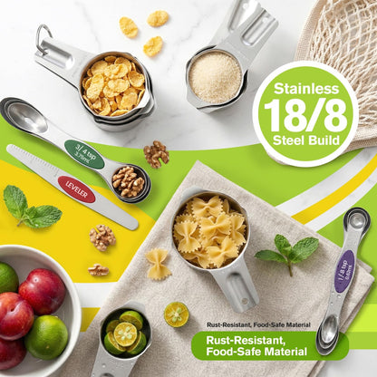 ChefAide Pack of 8 Stainless Steel Magnetic Measuring Spoons Set, Dual Sided, Stackable, Adjustable Teaspoon and Tablespoon Measure Spoon with Leveler, Kitchen Gadgets