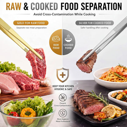 Hicarer 4 Pack Kitchen Tweezers Tongs 12 Inch Stainless Steel Cooking Tweezers for Chef Professional Gold and Silver Precision Plating Tongs for Grilling BBQ Sushi Meat Fish Pasta Cocktail