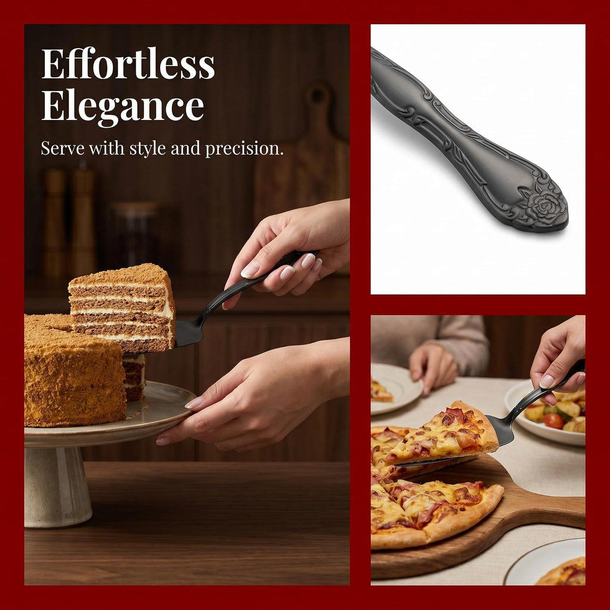 3-Piece Matte Gold Cake Server Set with Rose Handle