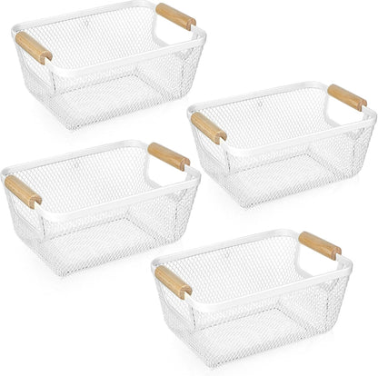 Ziliny 4 Pcs Metal Mesh Wire Baskets with Wooden Handles for Organizing, Pantry Organizers and Storage Steel Bin Kitchen Baskets for Fruit Potato Onion Snacks Bathroom Cabinet(Medium,Cream White)