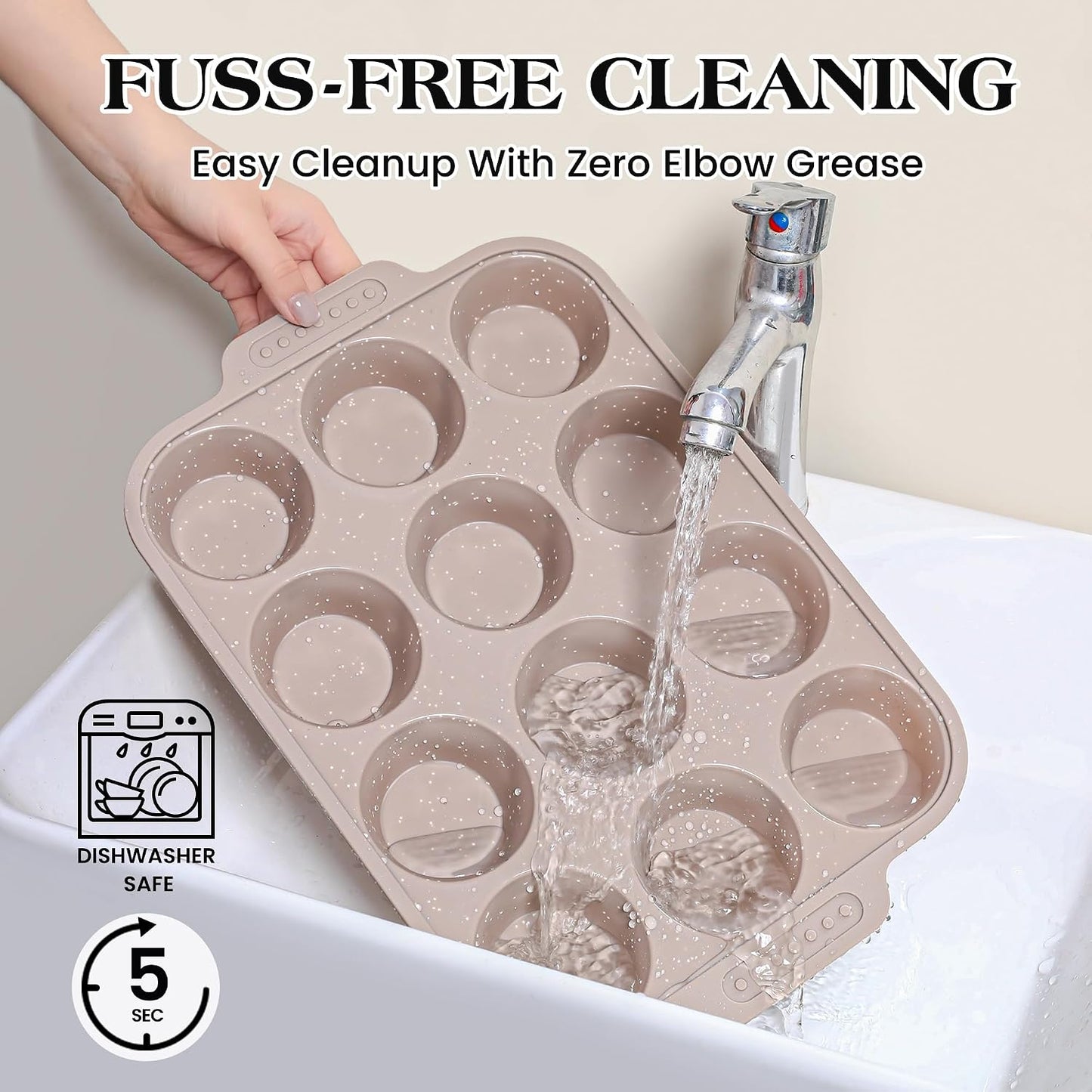 2 Pcs Silicone Muffin Pans for Baking with Metal Reinforced Frame, Nonstick Cupcake Tray for Oven, 12 Cups Regular Size Silicone Molds for Egg Bites, Dishwasher Safe (Brown, Cream)