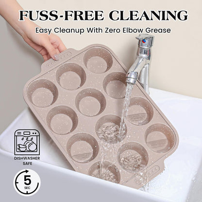 2 Pcs Silicone Muffin Pans for Baking with Metal Reinforced Frame, Nonstick Cupcake Tray for Oven, 12 Cups Regular Size Silicone Molds for Egg Bites, Dishwasher Safe (Brown, Cream)
