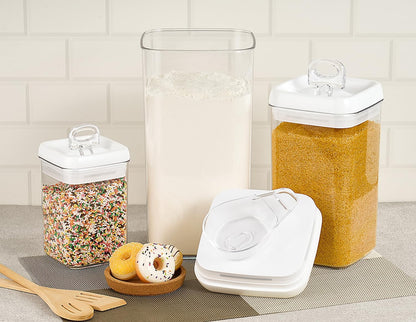 Felli Flip Tite Storage Container with Lid 4” RECTANGULAR Airtight Ring Flip Top, Stackable Kitchen Counter Pantry Organizer Acrylic Canister Jar for Pasta Spaghetti Cereal Granola Coffee (1.9qt)