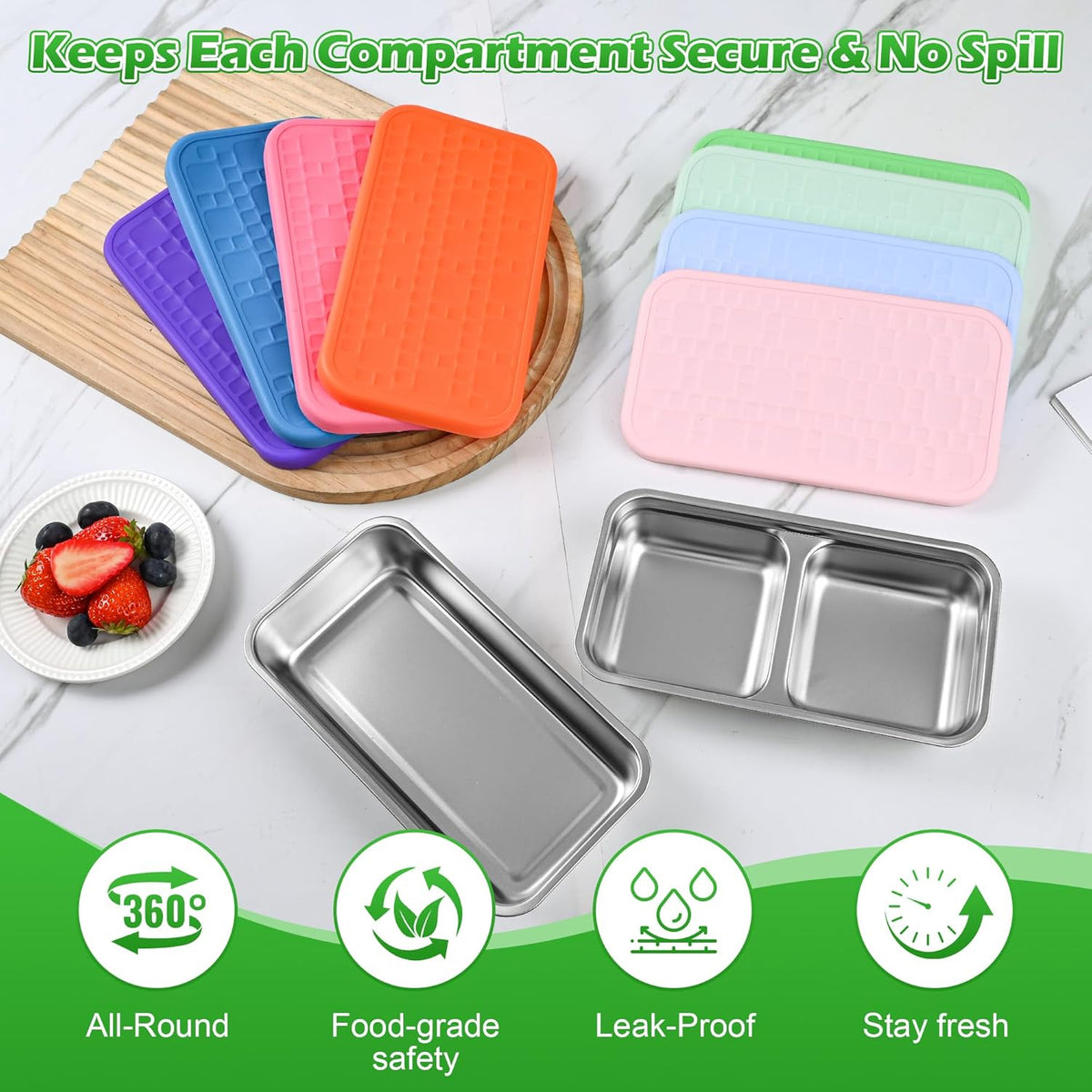 4 Pack Stainless Steel Snack Containers Set, Mixed Single & 2 Compartment Bento Boxes with Silicone Lids, Leakproof Food Storage for Meal Prep, Lunch, Travel, Picnic, Camping, Kitchen Organization