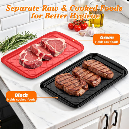 Grilling Prep & Serve Trays for Party- Set of 2, Large Serving Platters for Raw and Cooked Food, Dishwasher Safe, 17"×10.5" Stackable Plastic Party Supplies for Grilling, BBQ, Meal Prep - Green, Black