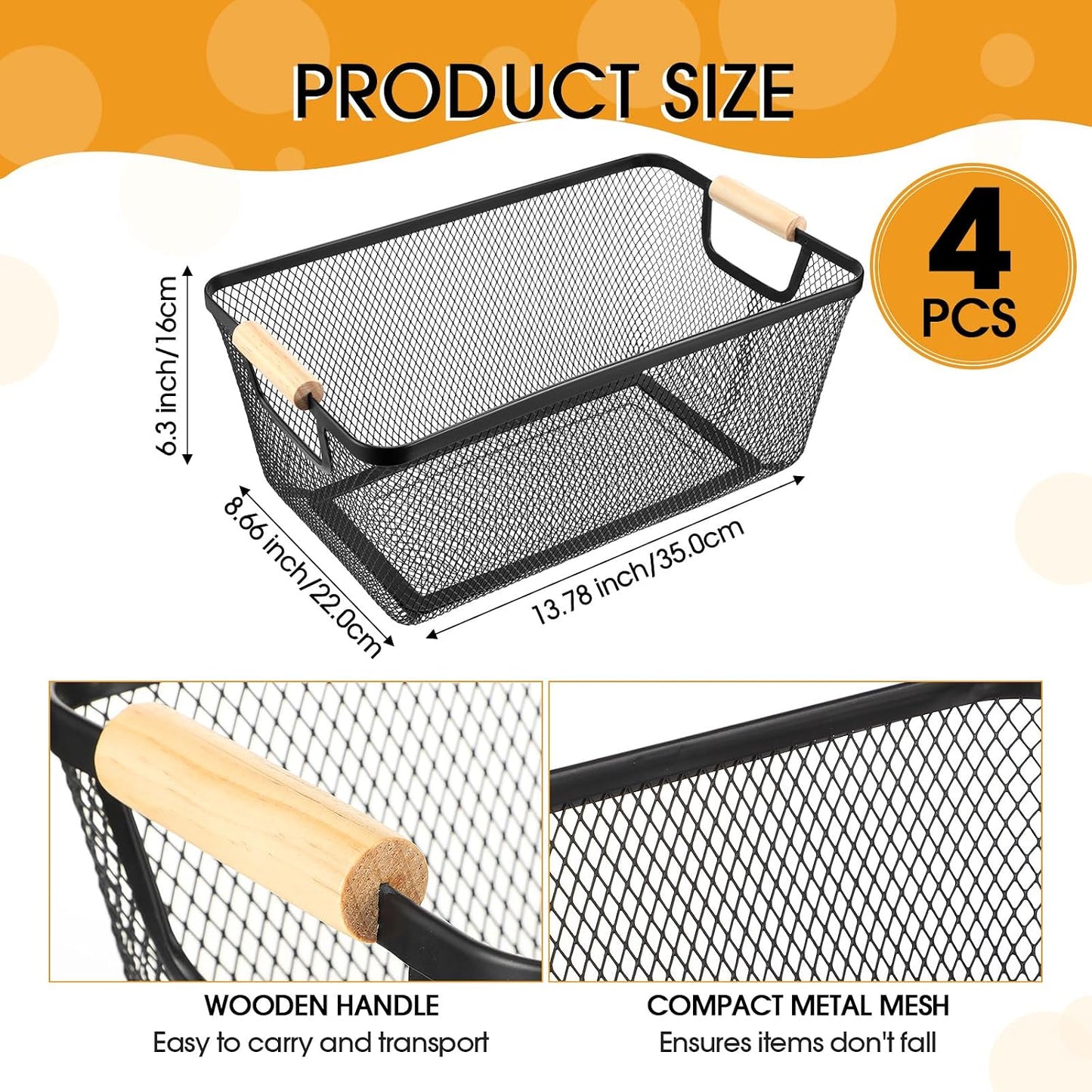 Ziliny 4 Pcs Metal Mesh Wire Baskets with Wooden Handles for Organizing, Pantry Organizers and Storage Steel Bin Kitchen Baskets for Fruit Potato Onion Snacks Bathroom Cabinet(Medium,Cream White)