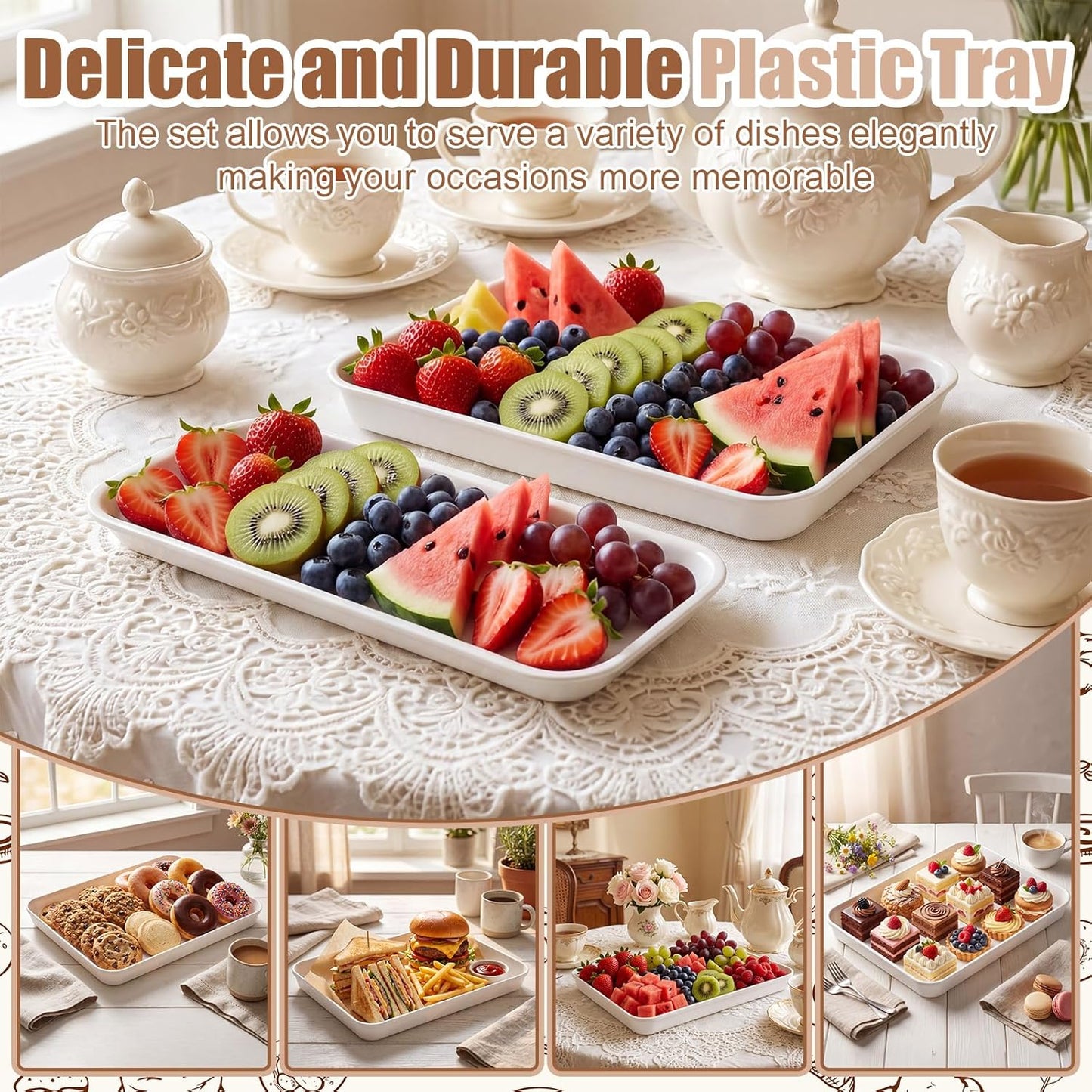 6 Pcs Large Serving Tray and Platters for Party, 15" White Plastic Food Display Trays for Cookies Desserts Appetizers, Reusable Rectangular Hosting Essentials for Buffet Catering