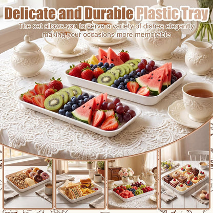 6 Pcs Large Serving Tray and Platters for Party, 15" White Plastic Food Display Trays for Cookies Desserts Appetizers, Reusable Rectangular Hosting Essentials for Buffet Catering