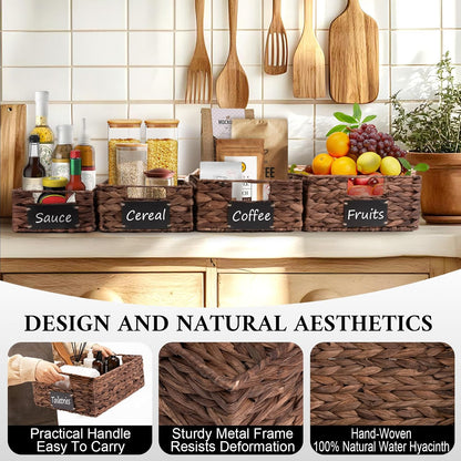 Set of 4 Sizes Hand-Woven Pantry Shelf Baskets, Hyacinth Storage Baskets with Chalkboard Labels & 2 Chalk Markers, Wicker Nestable Basket Set for Organizing Pantry Kitchen Laundry Shelves (Brown)
