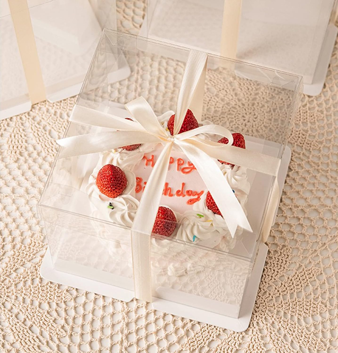 XININSUN 2Pcs Large Cake PET Clear Box, 10" X 10" X 9" with ribbon and pre-folded lid, for 8" cake packing carry, baking cookie display, Carry Tall Layer Gift, Festive Gift Box -White