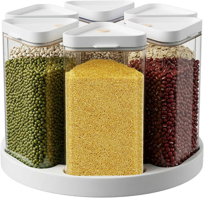 Rotating Grain Dispenser with Manual Vacuum Pump - 6-Grid Vacuum-Storage Canister Set, Food Storage Bins for Cereal, Rice, Beans & Bulk Dry Food Pantry Organization