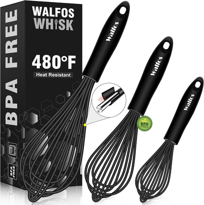 Walfos Silicone Whisk,Stainless Steel Wire Whisk -Heat Resistant 480°F Kitchen Whisks for Non-stick Cookware,Balloon Egg Beater Perfect for Blending,Whisking,Beating,Frothing & Stirring,Black