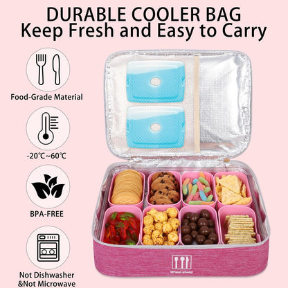Snack Box Container with Insulated Cooler Bag, Divided Serving Tray with Lid and Handle Beach Essentials, Snackle Box Veggie Fruit Tray with 8 Compartments & 8 Forks & 2 Spoon