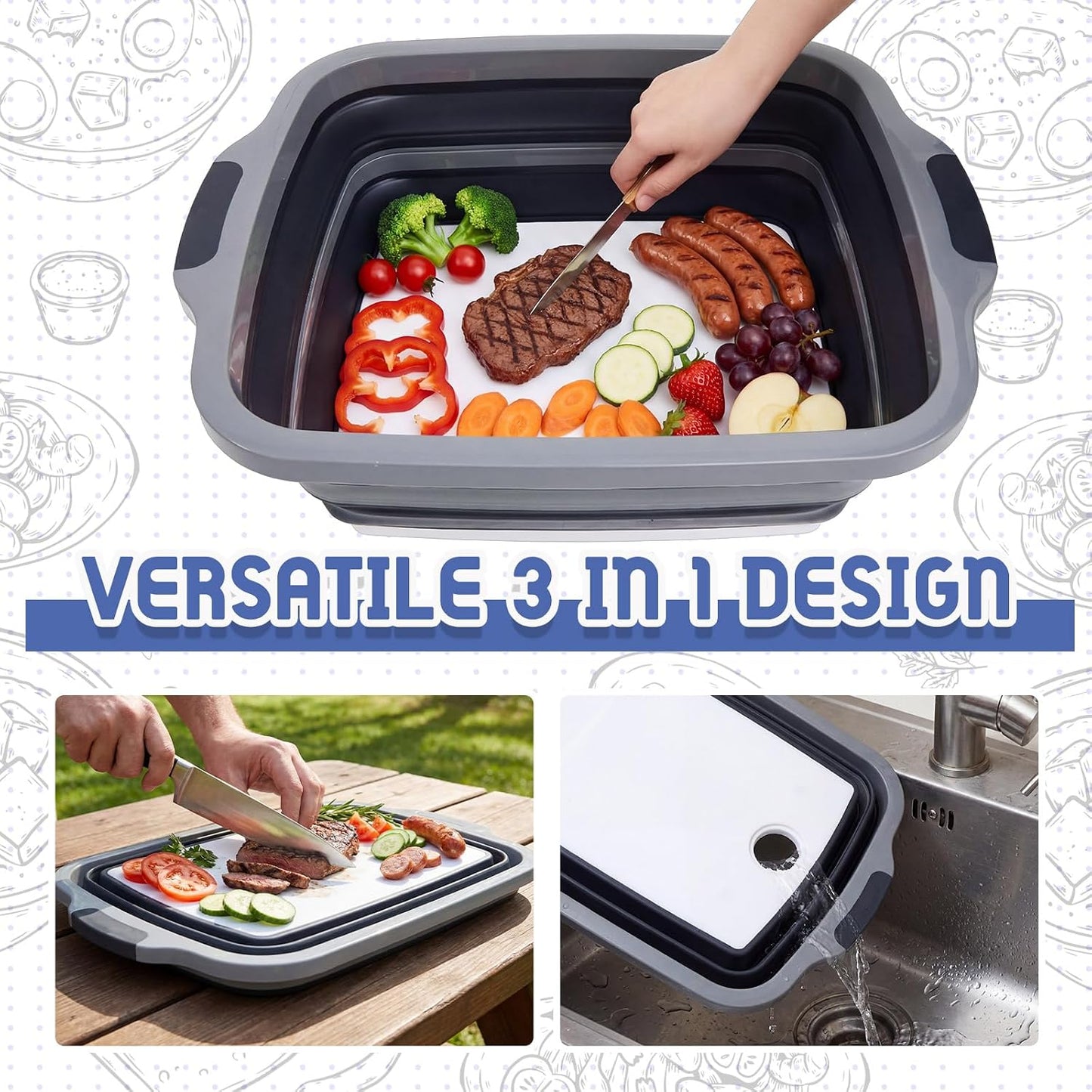 Funnymoom 2pcs Barbecue Prep Set Include Collapsible BBQ Prep Tub with Lid and Cutting Board(4.22 Gal/16l) BBQ Blanket for Resting Meat(21inch) Smoker Blanket Insulated(Black,Classic Style)