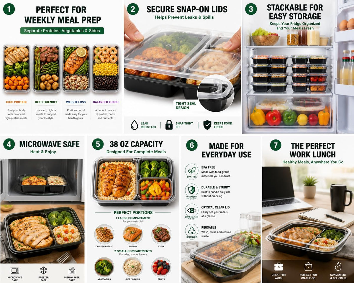 3 Compartment Food Containers with Lids, 25 Pack, 38 Oz Take Out Containers, Reusable Meal Prep Containers, Microwave Safe Lunch Boxes, Food Storage Containers for Catering, Restaurant & To Go Meals