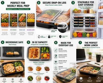 3 Compartment Food Containers with Lids, 25 Pack, 38 Oz Take Out Containers, Reusable Meal Prep Containers, Microwave Safe Lunch Boxes, Food Storage Containers for Catering, Restaurant & To Go Meals