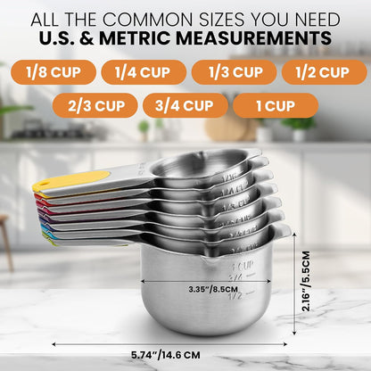 Spring Chef Stainless Steel Measuring Cups Set of 7 with Pour Spout - Nesting Kitchen Tools with Easy Read Markings to Measure Dry or Liquid Ingredients - Metal Measuring Cups for Baking & Cooking