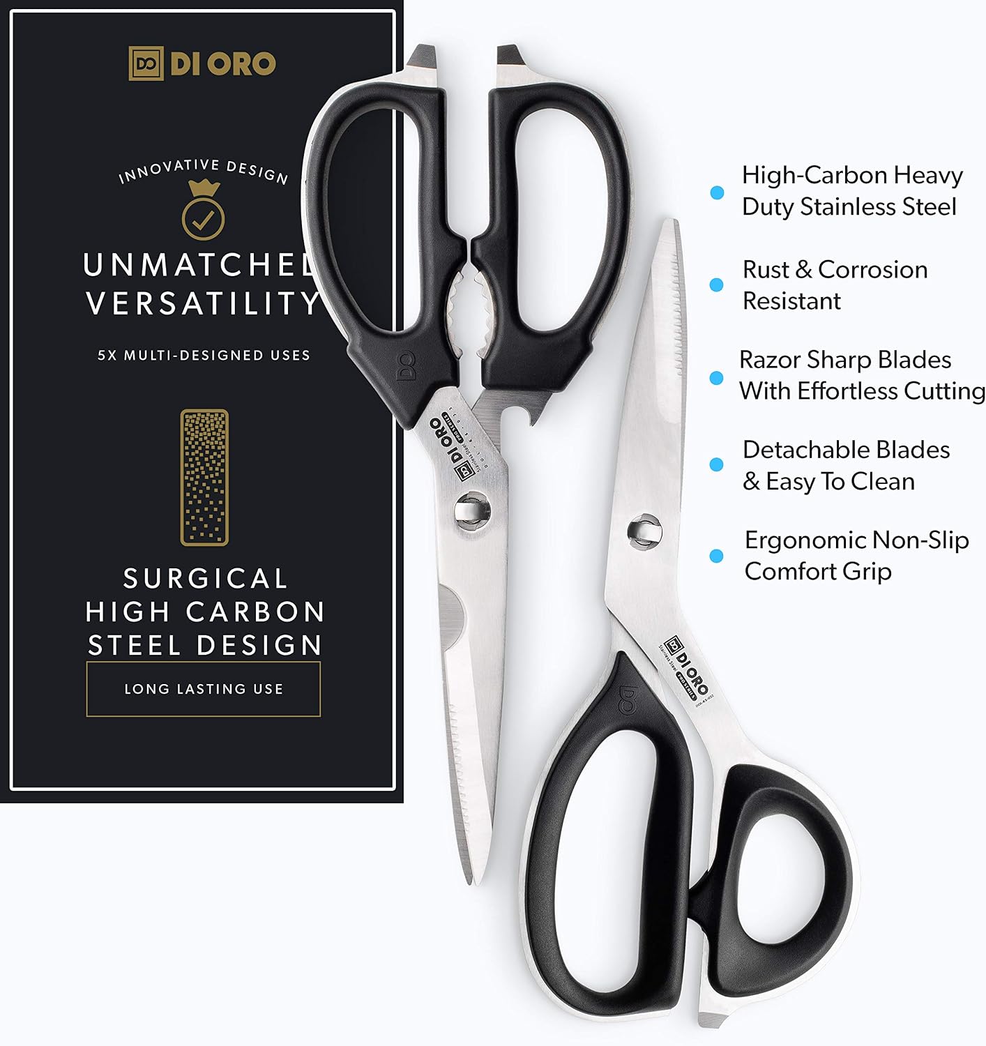 DI ORO Heavy Duty Kitchen Shears - All Purpose - Sharp Scissors for Food, Meat, & Herbs - Stainless Steel Kitchen Shears Heavy Duty & Dishwasher Safe - Bone Cutting Scissors