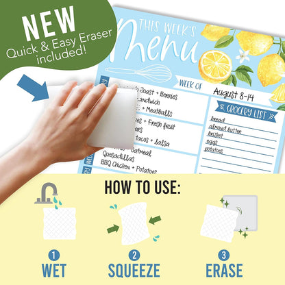 Hadley Designs Lemon Magnetic Weekly Meal Planner Dry Erase Board for Refrigerator - Weekly Dinner Menu Board for Kitchen Conversion Chart Magnet, Grocery List