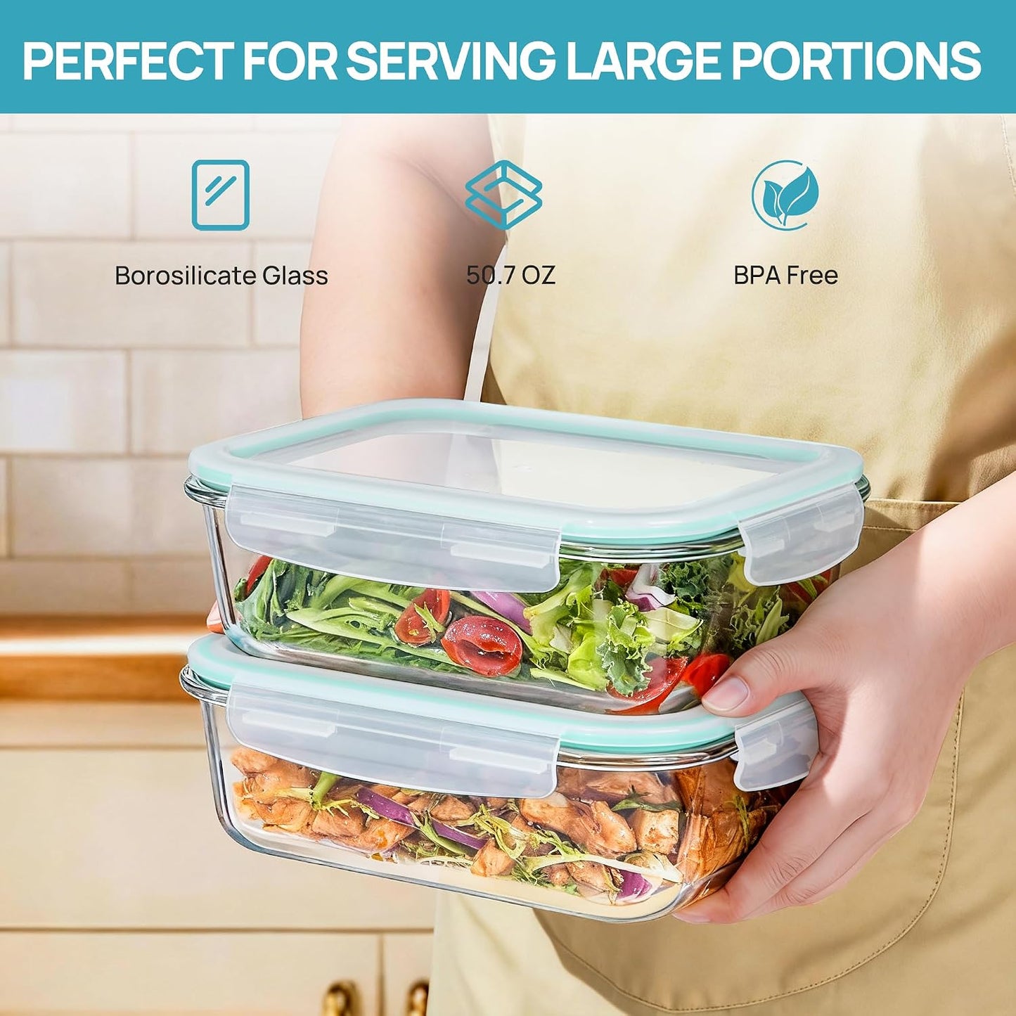 Vtopmart 2Pack 1860ml/63oz Large Glass Storage Containers with Lids, Meal Prep Food Container Set with Snap Airtight Lid for Baking, Microwave, Oven, Leak Proof, for Freezer, Dishwasher, Grey