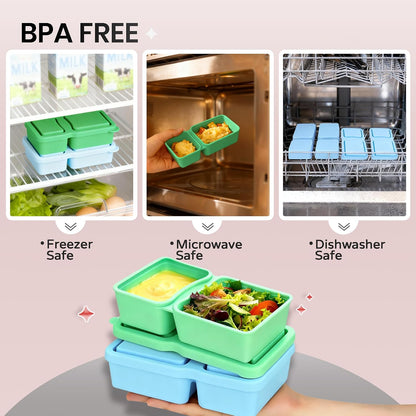 MACTANO 4 Pack New Reusable Silicone Snack Containers with Lids, 10 oz Double Compartment Condiment Meal Prep Control Containers Portable Small Leakproof for Office Travel Picnic