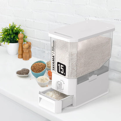 TAYAMA 55 lbs. Capacity Rice Dispenser Grain Storage Container,White