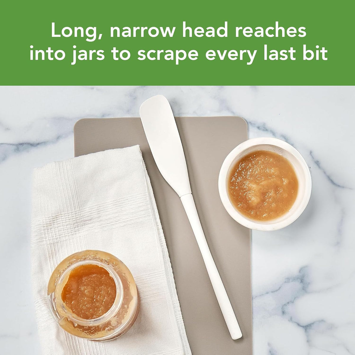 Tovolo Silicone Jar Spatula Long Handled Rubber Scraping Scooping Tool for Peanut Butter Jam Jelly Jars Blenders, Extra Long Flex Core Silicone Jar Scraper Dishwasher Safe BPA Free, White