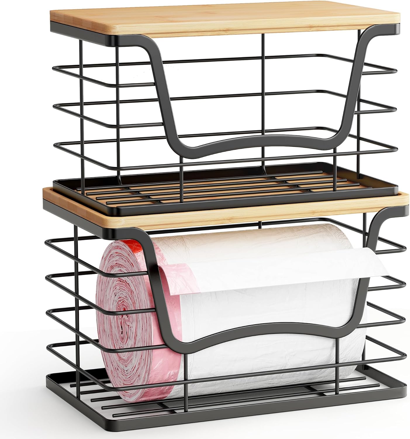 ALOCEO 2 Pack Stackable Wire Storage Basket with Bamboo Lid, Trash Bag Dispenser Under Sink for 4-13 Gal Bags, Kitchen Storage Bins for Potato and Onion, Brown
