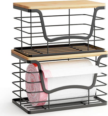 ALOCEO 2 Pack Stackable Wire Storage Basket with Bamboo Lid, Trash Bag Dispenser Under Sink for 4-13 Gal Bags, Kitchen Storage Bins for Potato and Onion, Brown