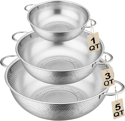 Stainless Steel Colander, 3-Quart Micro-Perforated Metal Colander Strainer with Handle for Kitchen/Draining Pasta/Rinsing Vegetables Fruits,Dishwasher Safe - 8.8 Inches