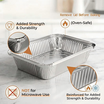 50 Pack Aluminum Pans with Cardboard Lids, 8.3"x6.2", 2.25 LB | Heavy duty disposable foil containers, trays for baking, meal prep, roasting, food storage
