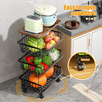 Gsiekare Fruit Vegetable Basket for Kitchen, 5 Tier Stackable Fruit Vegetable Storage Baskets with Wheels, Metal Wire Storage Basket Organizer Baskets for Kitchen, Pantry, Bathroom
