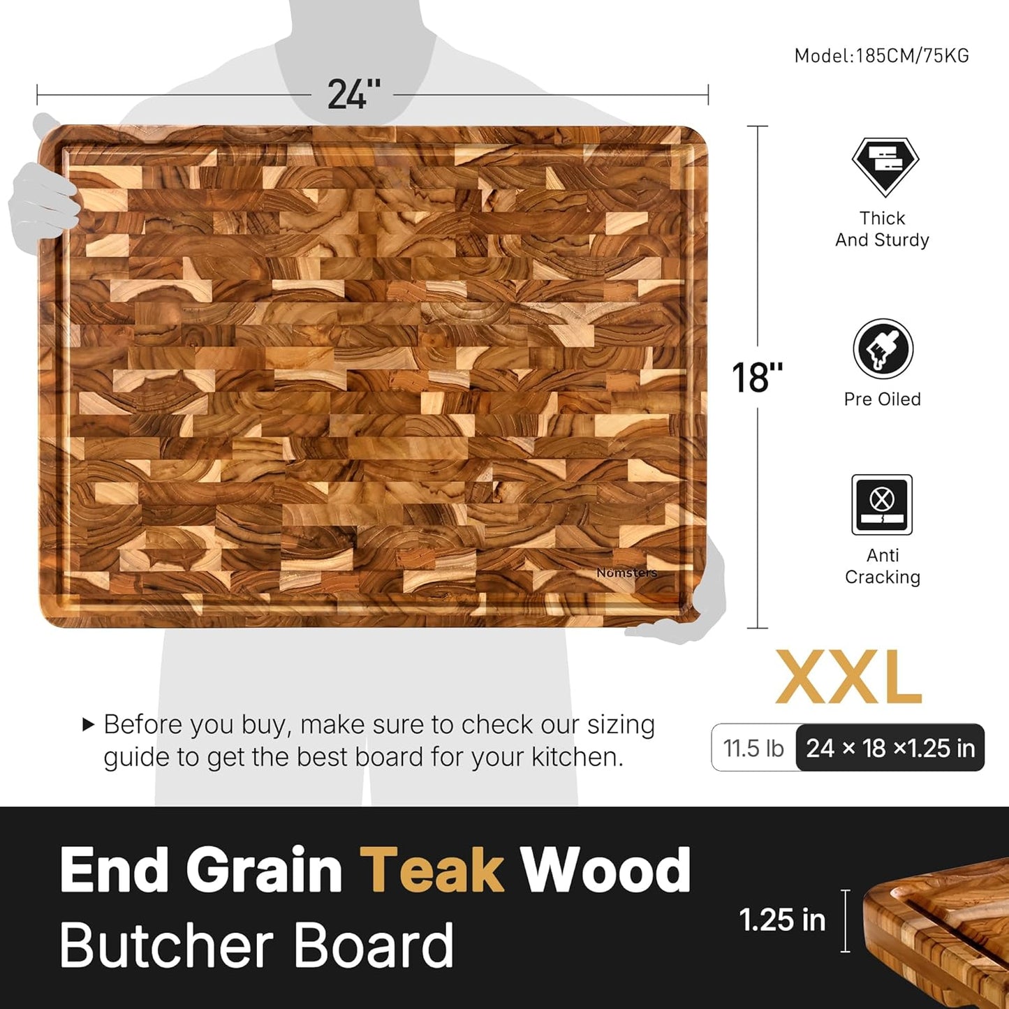 Teak Wood End Grain Cutting Board Set of 2 with Non-slip Feet, Reversible Cutting Boards for Kitchen with Juice Grooves and Handles Non Toxic Chopping Board Butcher Block Serving Tray Kitchen Gift
