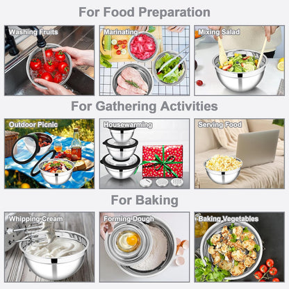 E-far Mixing Bowls Set of 5, Stainless Steel Salad Mixing Bowl with Transparent Lid, Metal Nesting Bowl Attach with 3 Graters for Kitchen Prepping/Serving/Baking/Storage, 4.6/2.6/1.5/1/0.7 QT - Black